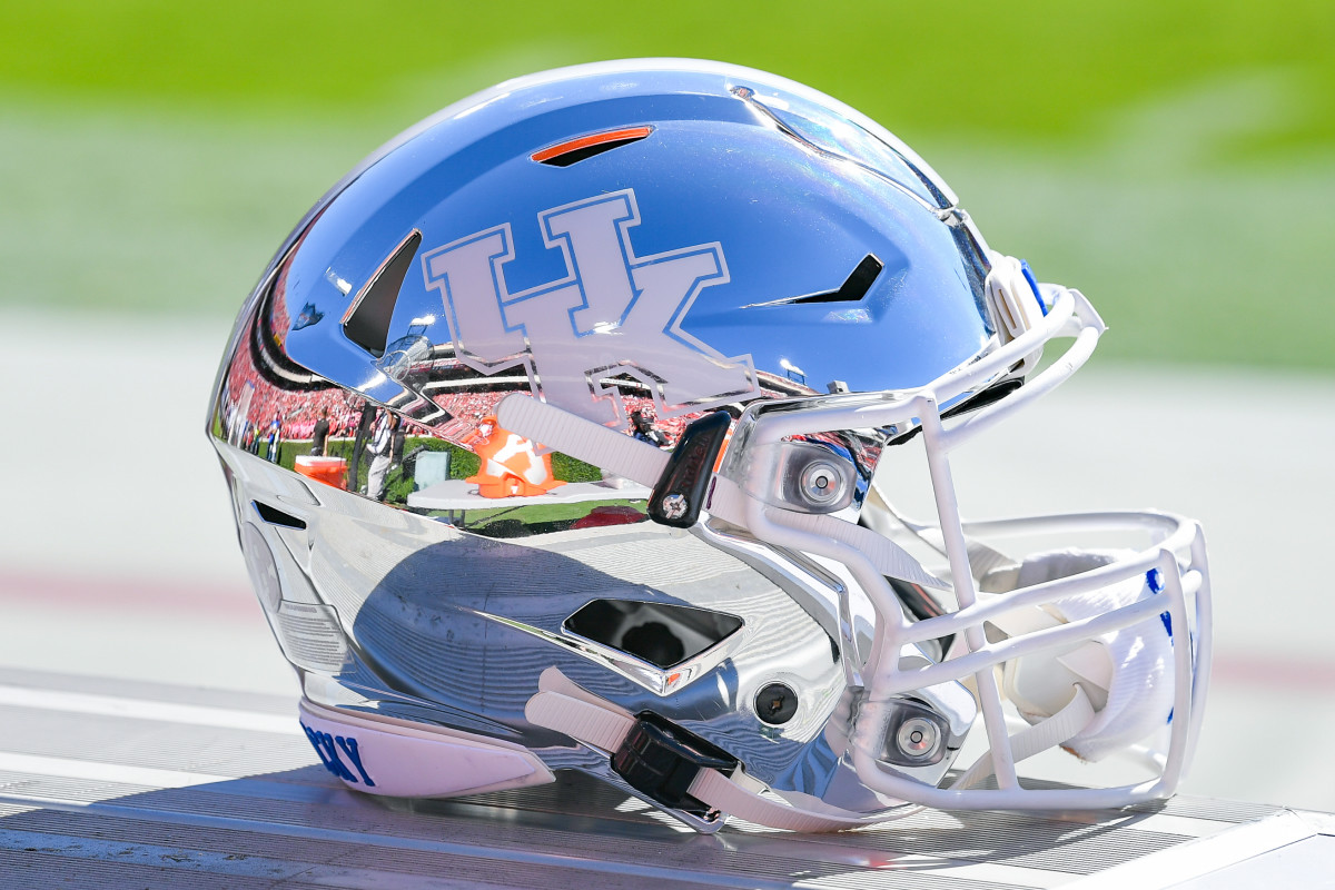 ATHENS, GA  OCTOBER 16:  A Kentucky football helmet on the sideline during the college football game between the Kentucky Wildcats and the Georgia Bulldogs on October 16th, 2021 at Sanford Stadium in Athens, GA.  (Photo by Rich von Biberstein/Icon Sportswire via Getty Images)