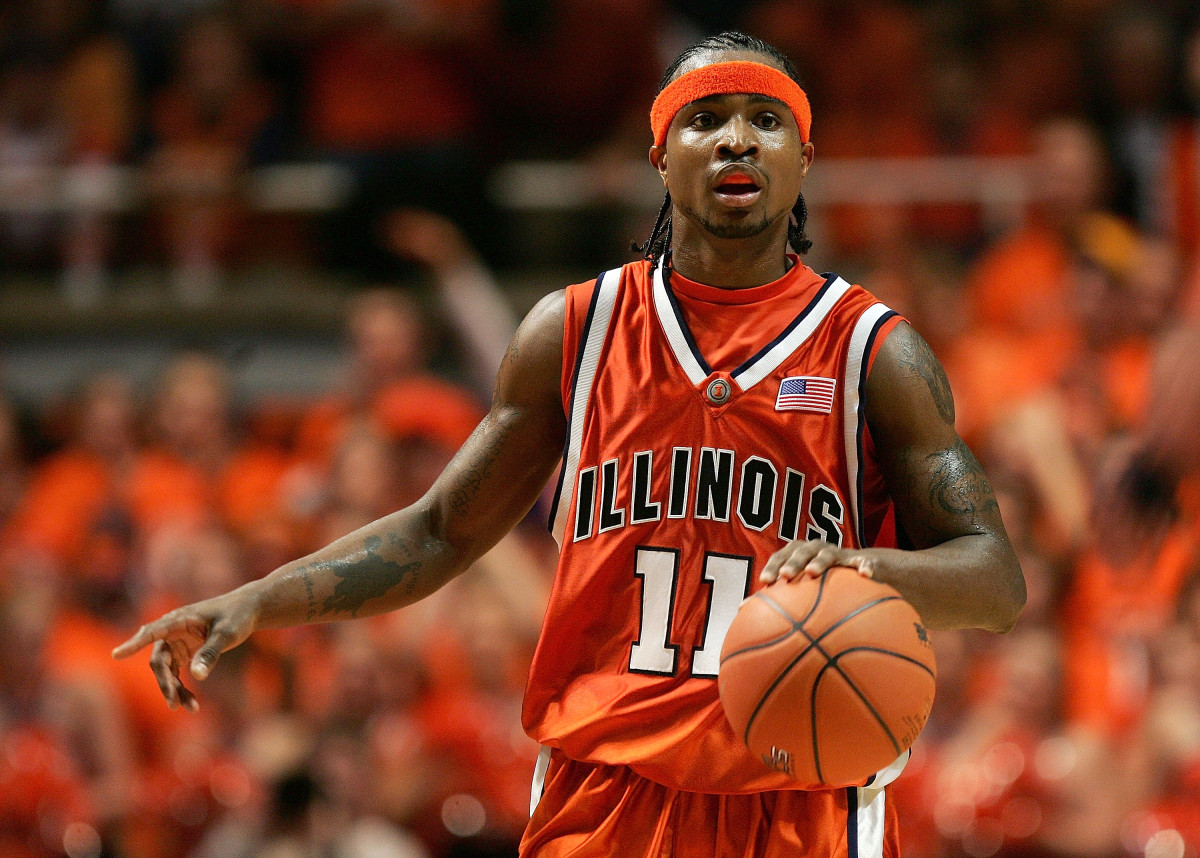 CHAMPAIGN, IL - JANUARY 05:  Dee Brown #11 of the Illinois Fighting Illini brings the ball upcourt on his way to a career high 34 points against the Michigan State Spartans on January 5, 2006 in the Assembly Hall at the University of Illinois in Champaign, Illinois. Illinois defeated Michigan State 60-50.  (Photo by Jonathan Daniel/Getty Images)