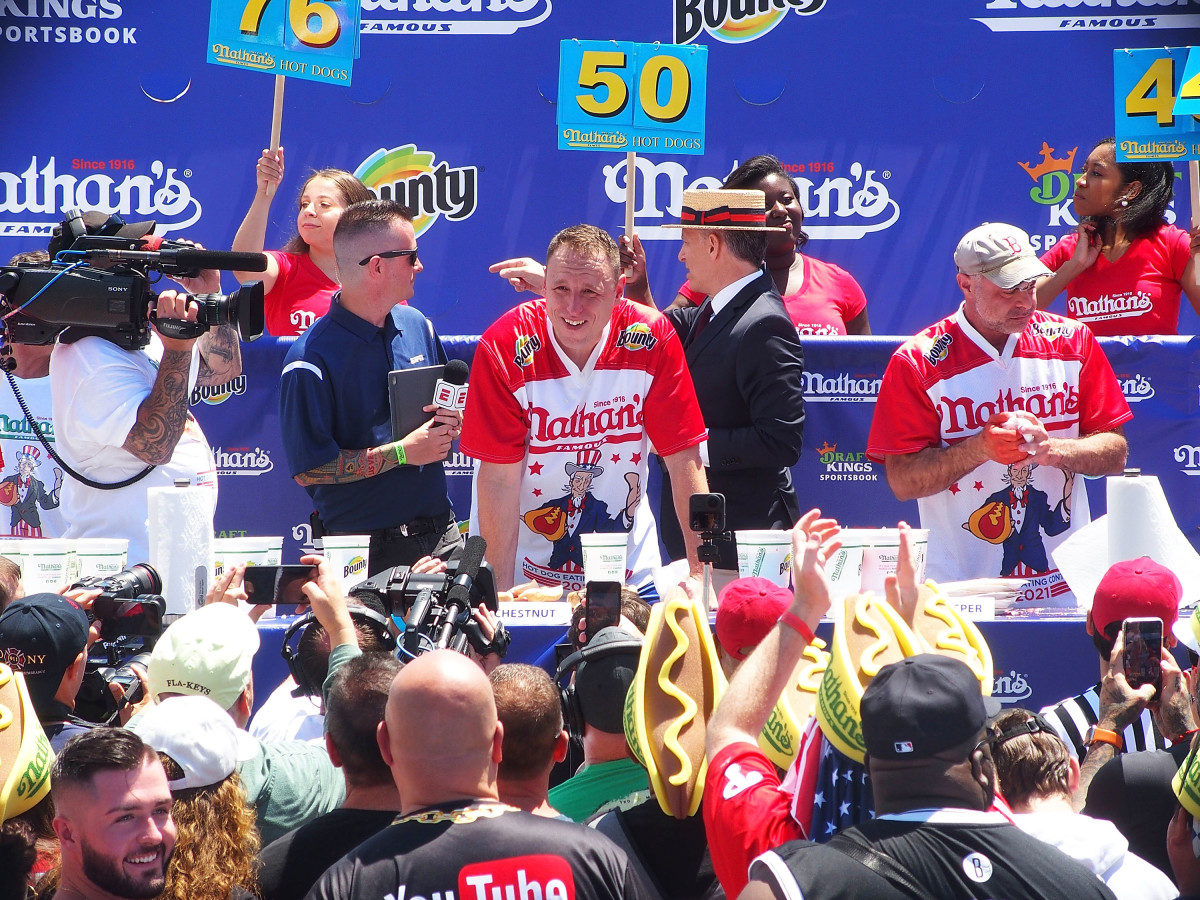 Joey Chestnut at the Nathan's Hot Dog Eating Contest on Monday.
