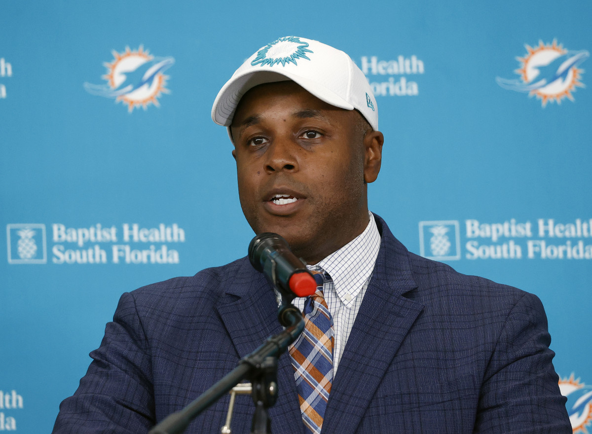 Miami Dolphins GM Chris Grier speaks during a press conference.