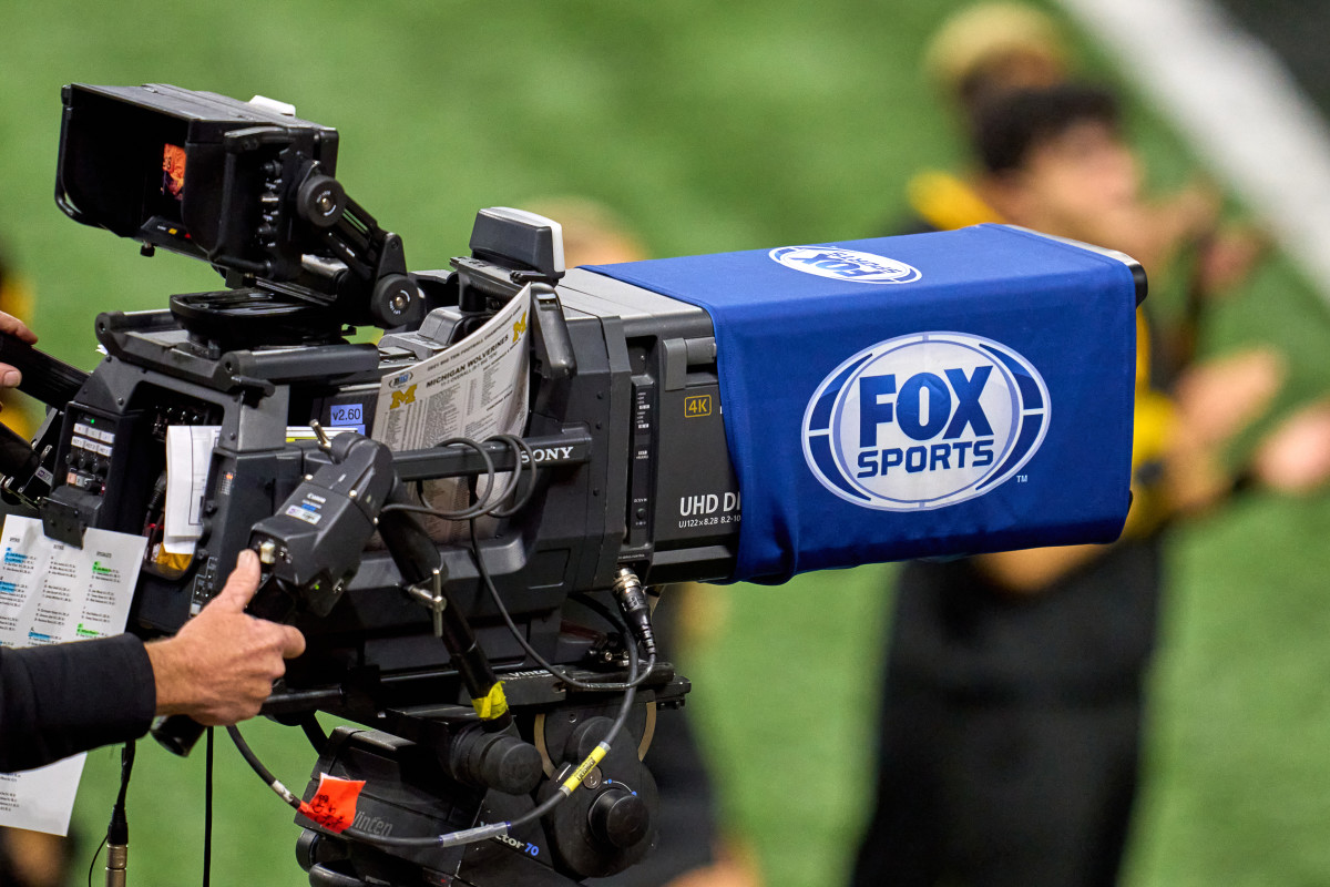 INDIANAPOLIS, IN - DECEMBER 04: A detail view of a Fox Sports logo is seen on a broadcast camera during the Big Ten Championship Game between the Iowa Hawkeyes and the Michigan Wolverines on December 04, 2021, at Lucas Oil Stadium, in Indianapolis, IL. (Photo by Robin Alam/Icon Sportswire via Getty Images)