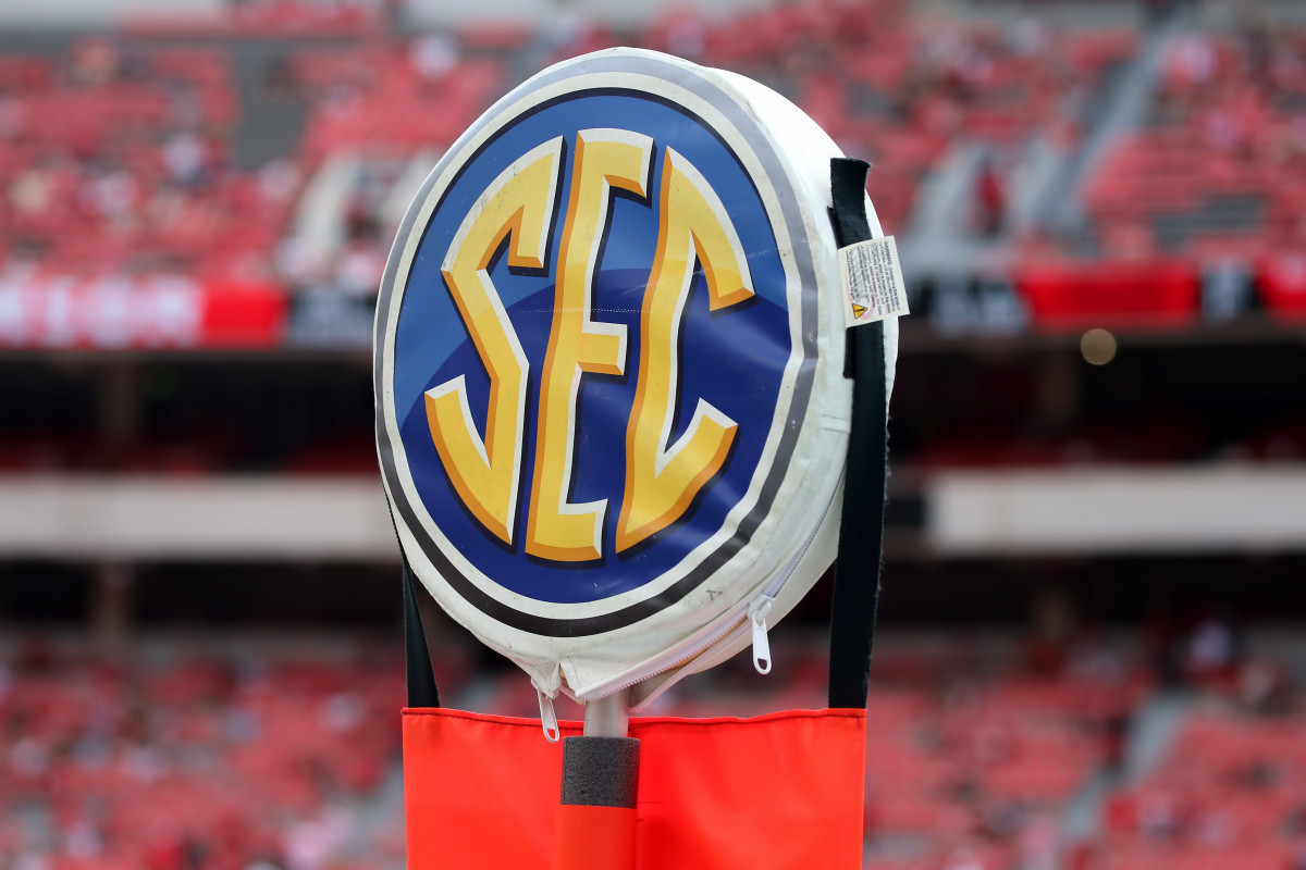 ATHENS, GA - SEPTEMBER 11: The SEC logo is on the down markers at the game between the UAB Blazers and the Georgia Bulldogs on September 11, 2021 at Sanford Stadium in Athens, Georgia.  (Photo by Michael Wade/Icon Sportswire via Getty Images)