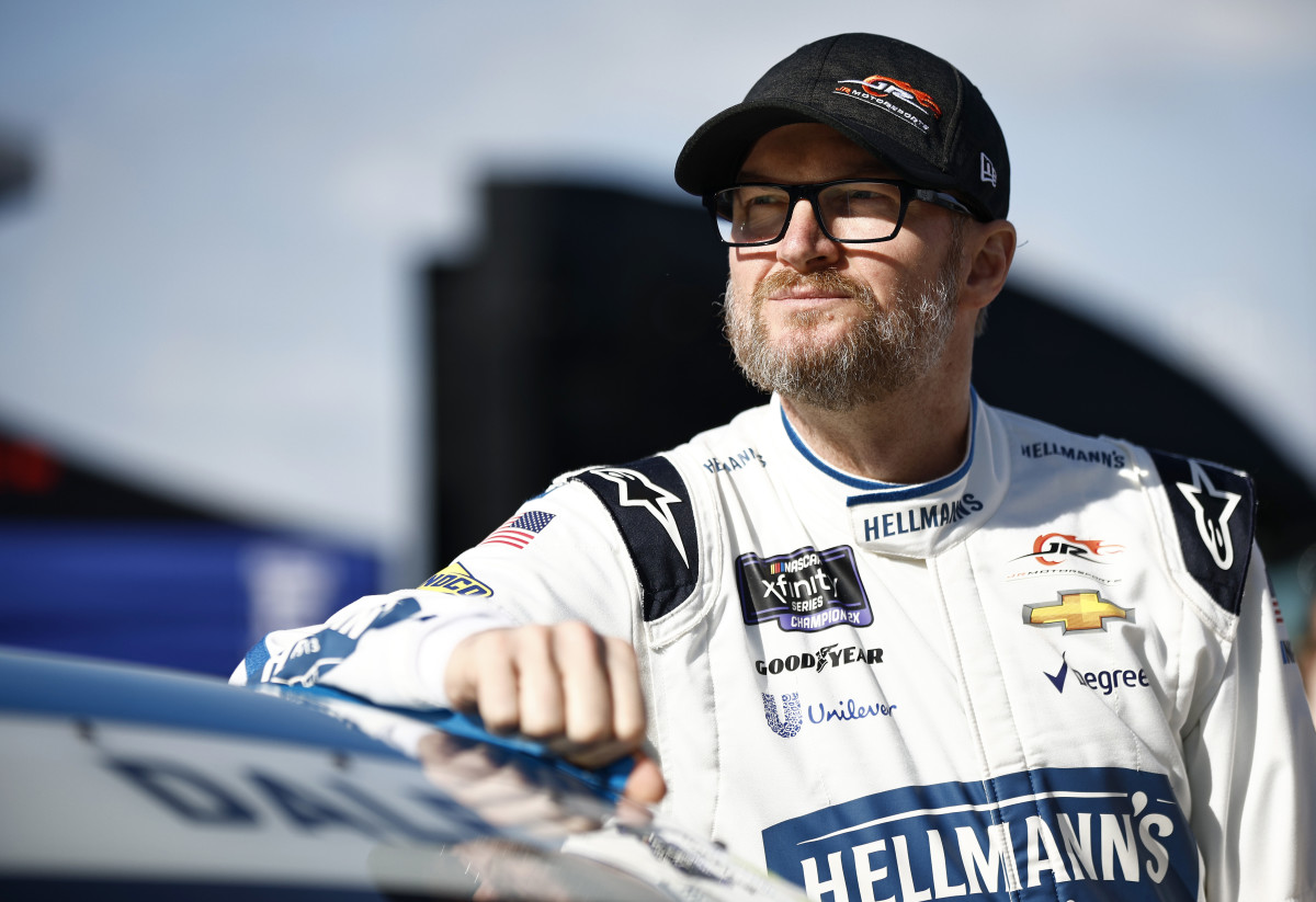 MARTINSVILLE, VIRGINIA - APRIL 07: Dale Earnhardt Jr, driver of the #88 Hellmann's Fridge Hunters Chevrolet, looks on during practice for the NASCAR Xfinity Series  Call 811 Before You Dig 250 powered by Call 811.com at Martinsville Speedway on April 07, 2022 in Martinsville, Virginia. (Photo by Jared C. Tilton/Getty Images)