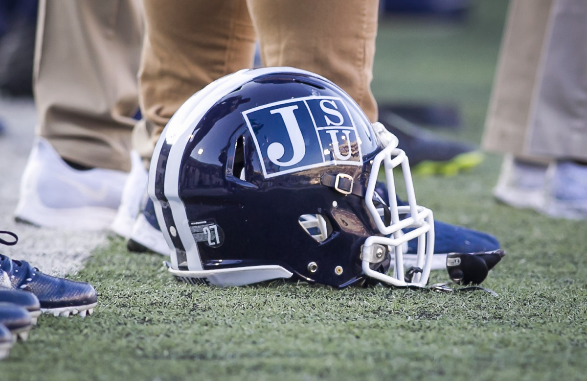 MEMPHIS, TN - SEPTEMBER 14: A JSU branded helmet on the sideline prior to the Southern Heritage Classic game between the Jackson State University Tigers and the Tennessee State Tigers on Saturday September 14, 2019 at Liberty Bowl Memorial Stadium in Memphis, TN.  (Photo by Nick Tre. Smith/Icon Sportswire via Getty Images)
