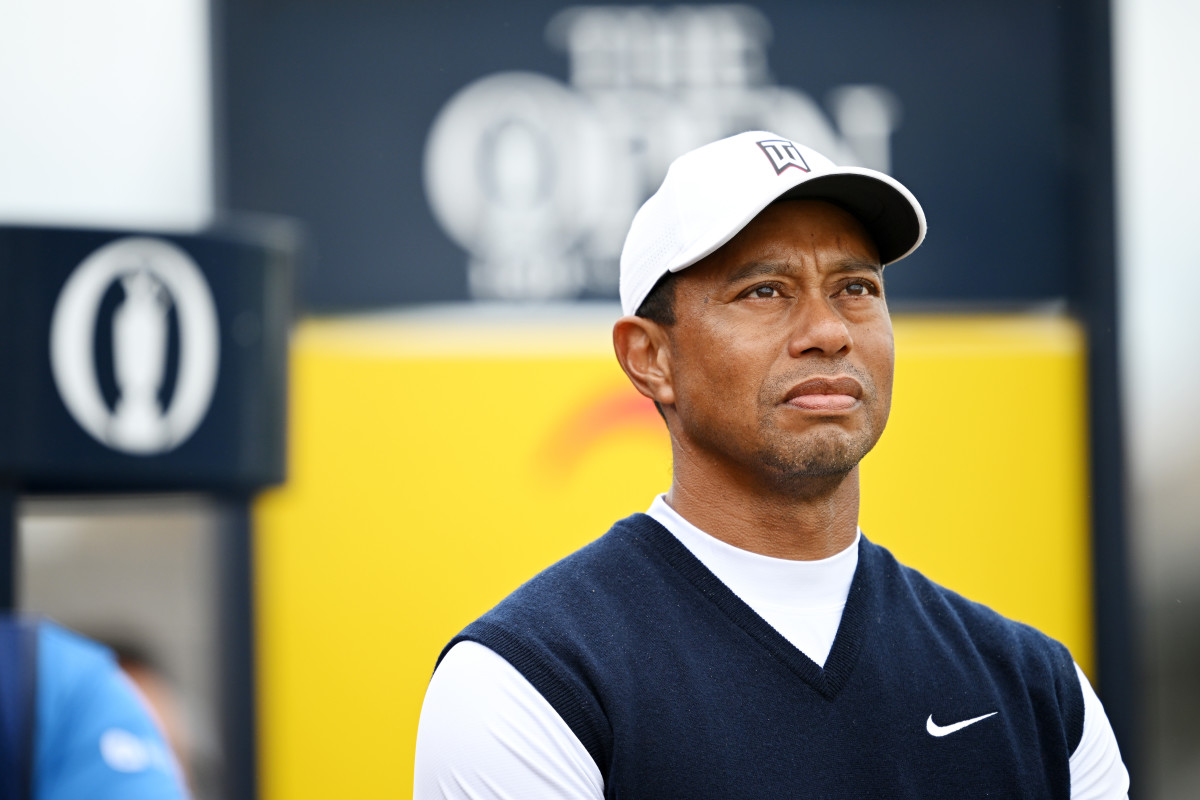ST ANDREWS, SCOTLAND - JULY 14: Tiger Woods of the United States looks on from the second tee during Day One of The 150th Open at St Andrews Old Course on July 14, 2022 in St Andrews, Scotland. (Photo by Stuart Franklin/R&A/R&A via Getty Images)