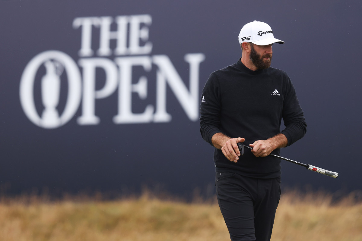 ST ANDREWS, SCOTLAND - JULY 15: Dustin Johnson of the United States looks on after playing their 3rd shot on the 7th hole during Day Two of The 150th Open at St Andrews Old Course on July 15, 2022 in St Andrews, Scotland. (Photo by Charlie Crowhurst/R&A/R&A via Getty Images)