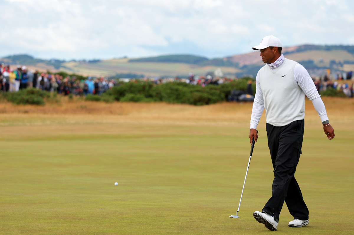 Tiger Woods looks on at the 150th Open Championship at St. Andrews.