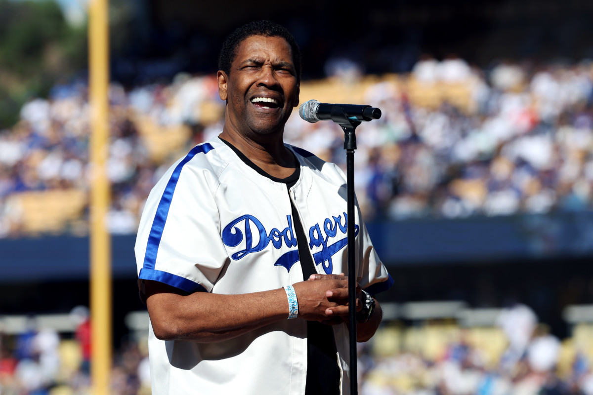 LOS ANGELES, CA - JULY 19:  Denzel Washington leads a tribute to Jackie Robinson prior to the 92nd MLB All-Star Game presented by Mastercard at Dodger Stadium on Tuesday, July 19, 2022 in Los Angeles, California. (Photo by Mary DeCicco/MLB Photos via Getty Images)