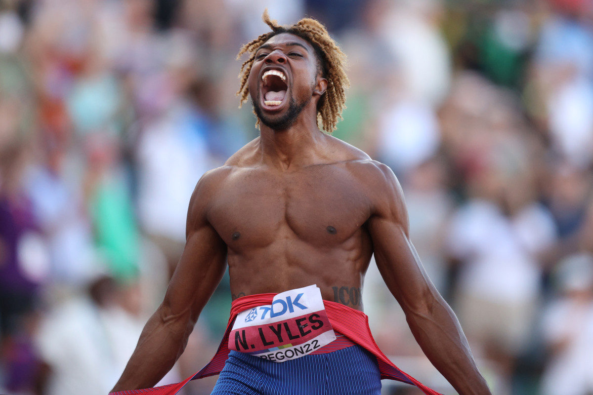 EUGENE, OREGON - JULY 21: Noah Lyles of Team United States celebrates winning gold in the Men's 200m Final on day seven of the World Athletics Championships Oregon22 at Hayward Field on July 21, 2022 in Eugene, Oregon. (Photo by Ezra Shaw/Getty Images)