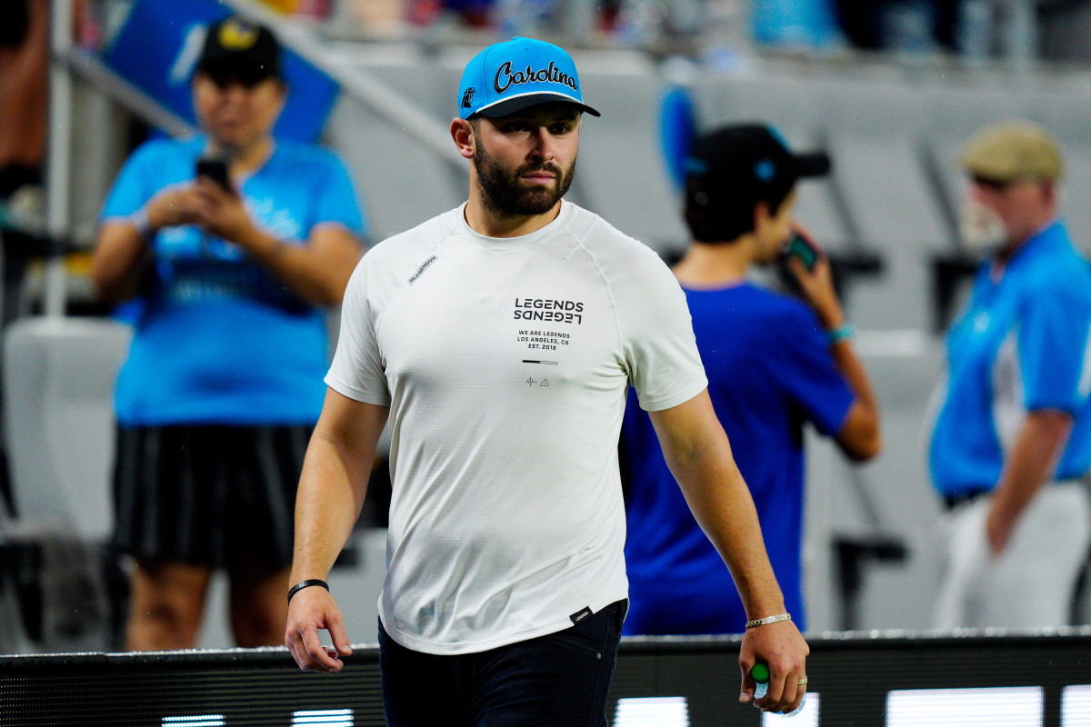 CHARLOTTE, NORTH CAROLINA - JULY 20: Baker Mayfield of Carolina Panthers looks on prior to the Pre-Season Friendly match between Chelsea FC and Charlotte FC at Bank of America Stadium on July 20, 2022 in Charlotte, North Carolina. (Photo by Jacob Kupferman/Getty Images)