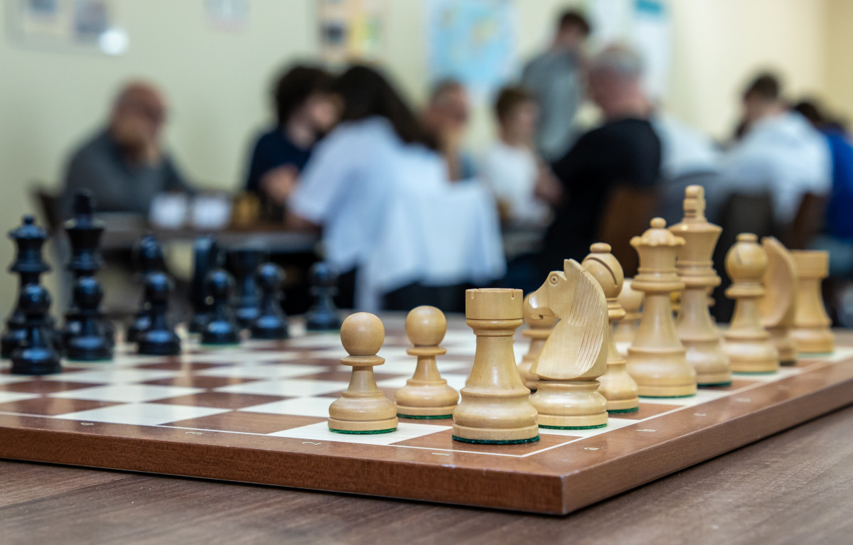 Pieces on a chess board during a tournament overseas.