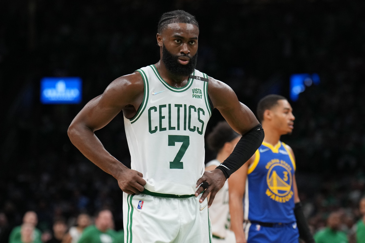 BOSTON, MA - JUNE 16: Jaylen Brown #7 of the Boston Celtics looks on during Game Six of the 2022 NBA Finals on June 16, 2022 at TD Garden in Boston, Massachusetts. NOTE TO USER: User expressly acknowledges and agrees that, by downloading and or using this photograph, user is consenting to the terms and conditions of Getty Images License Agreement. Mandatory Copyright Notice: Copyright 2022 NBAE (Photo by Jesse D. Garrabrant/NBAE via Getty Images)