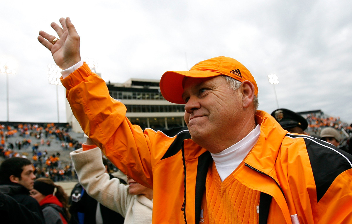 NASHVILLE, TN - NOVEMBER 22:  Head coach Phillip Fulmer of the Tennessee Volunteers waves to the fans as he celebrates their 20-10 win over the Vanderbilt Commodores at Vanderbilt Stadium on November 22, 2008 in Nashville, Tennessee.  (Photo by Kevin C. Cox/Getty Images)