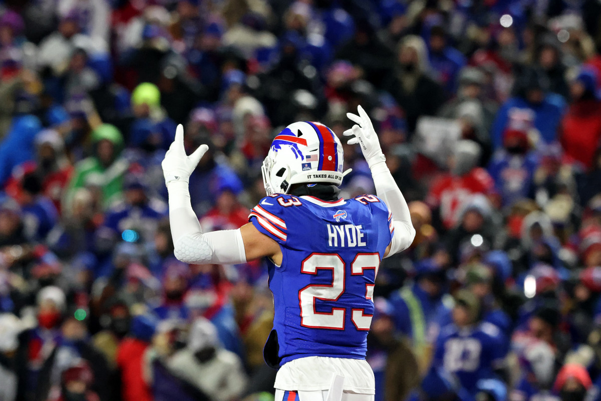 Micah Hyde of the Buffalo Bills celebrates on the field.
