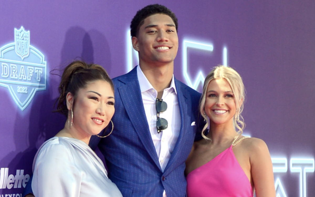 LAS VEGAS, NEVADA - APRIL 28: (L-R) Jackie Hamilton, Kyle Hamilton and Reese Damm attend the 2022 NFL Draft on April 28, 2022 in Las Vegas, Nevada. (Photo by Mindy Small/Getty Images)