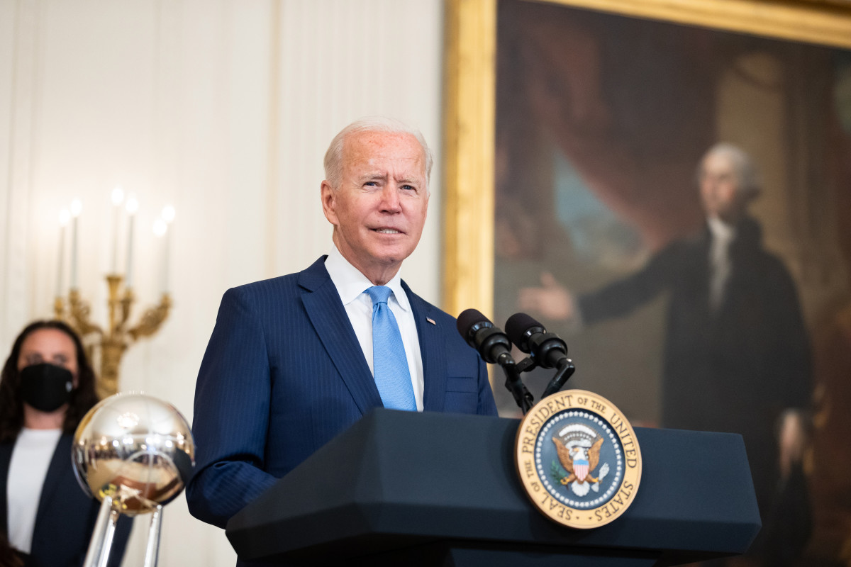WASHINGTON, DC - AUGUST 23:  President Joe Biden speaks during a ceremony celebrating the 2020 WNBA Seattle Storm championship at the White House on August 23, 2020 in Washington, DC. NOTE TO USER: User expressly acknowledges and agrees that, by downloading and or using this Photograph, user is consenting to the terms and conditions of the Getty Images License Agreement. Mandatory Copyright Notice: Copyright 2021 NBAE (Photo by Stephen Gosling/NBAE via Getty Images)