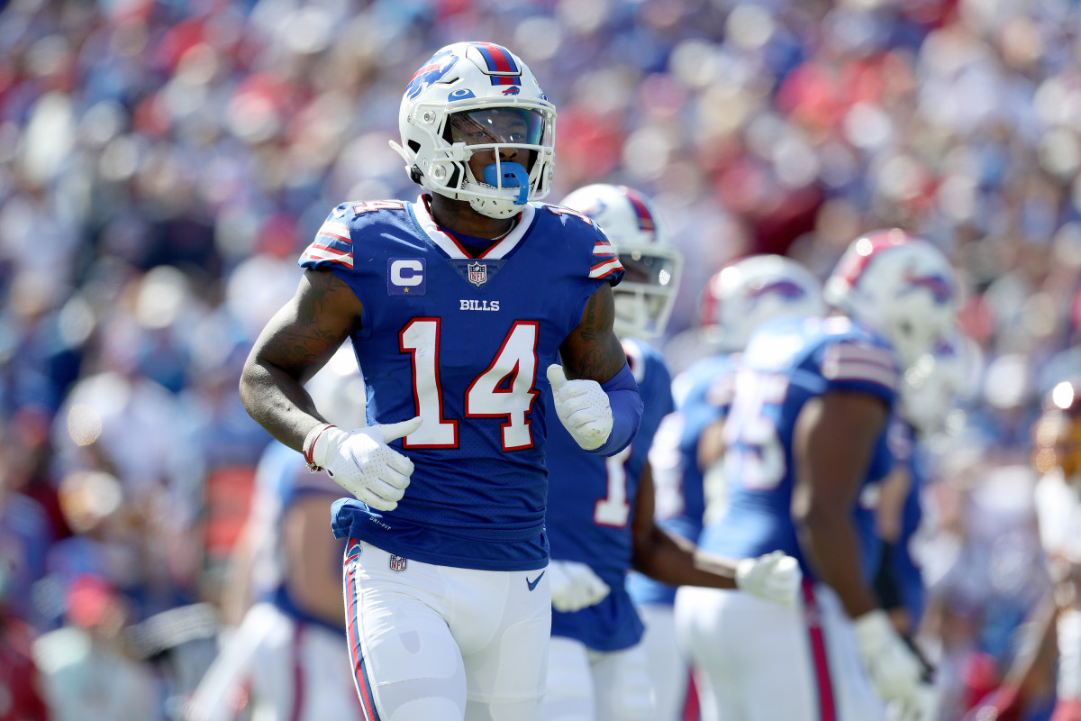 Buffalo Bills wide receiver Stefon Diggs (14) runs off the field after an  NFL football game against the Green Bay Packers, Sunday, Oct. 30, 2022, in  Orchard Park, N.Y. (AP Photo/Bryan Bennett