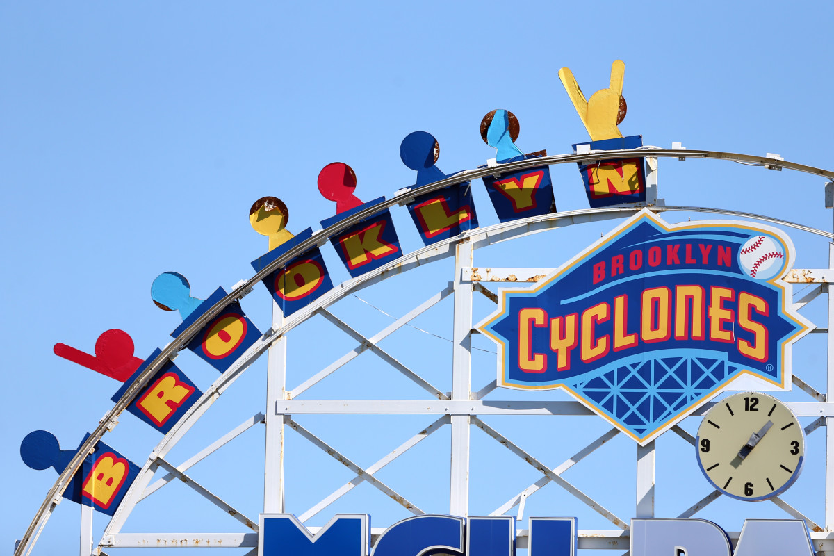A shot of the Brooklyn Cyclones scoreboard and Coney Island Ferris Wheel.