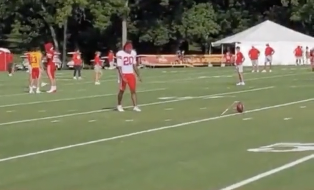 Justin Reid makes a 65-yard field goal at practice.