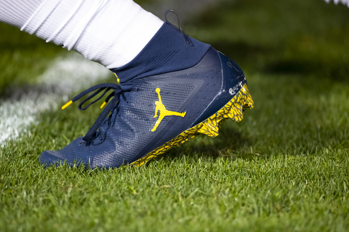 UNIVERSITY PARK, PA - OCTOBER 19:  Detail view of Air Jordan football cleats worn by a member of the Michigan Wolverines before the game against the Penn State Nittany Lions on October 19, 2019 at Beaver Stadium in University Park, Pennsylvania. Penn State defeats Michigan 28-21.  (Photo by Brett Carlsen/Getty Images)