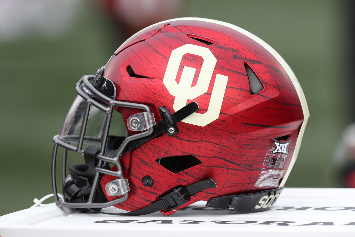 A view of an Oklahoma Sooners helmet during a football game against the Kansas Jayhawks.