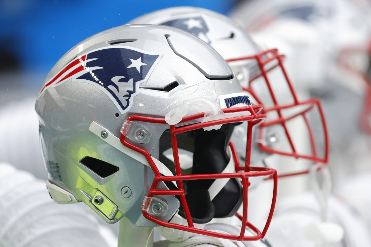 A New England Patriots helmet prior to a game against the Miami Dolphins in 2022.