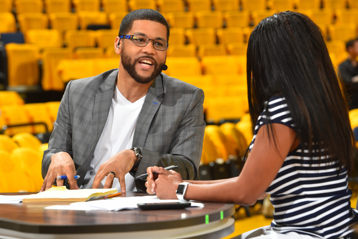 ESPN's Michael Smith and Jemele Hill host a show before Game 1 of the 2017 NBA Finals between the Cleveland Cavaliers and the Golden State Warriors.