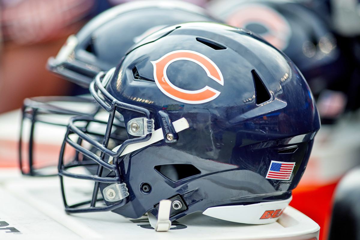 A view of a Chicago Bears helmet resting on a cooler during a preseason game between the Chicago Bears and the Buffalo Bills in 2021.