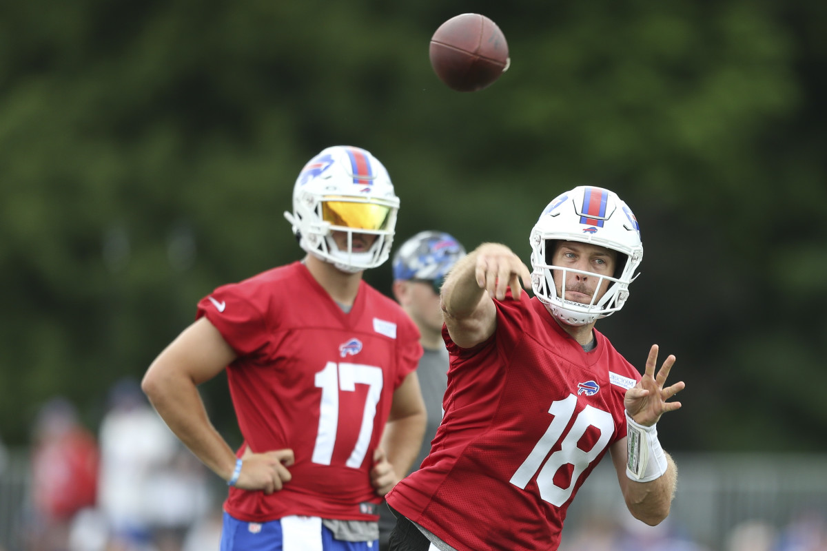 PITTSFORD, NEW YORK - JULY 24: Case Keenum #18 of the Buffalo Bills throws during Bills training camp at Saint John Fisher University on July 24, 2022 in Pittsford, New York. (Photo by Joshua Bessex/Getty Images)