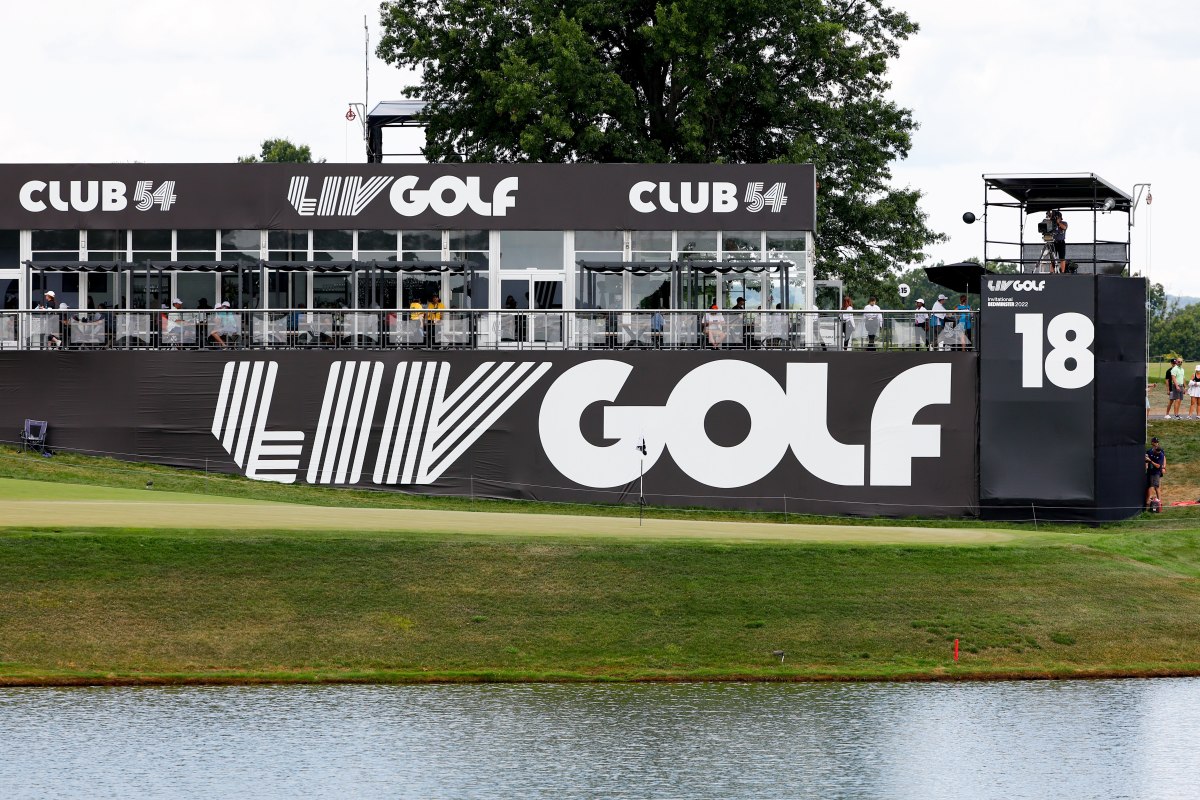 The LIV Golf logo and Club 54 during the 3rd round of the LIV Golf Invitational Series at Trump National Golf Club in Bedminster, New Jersey.