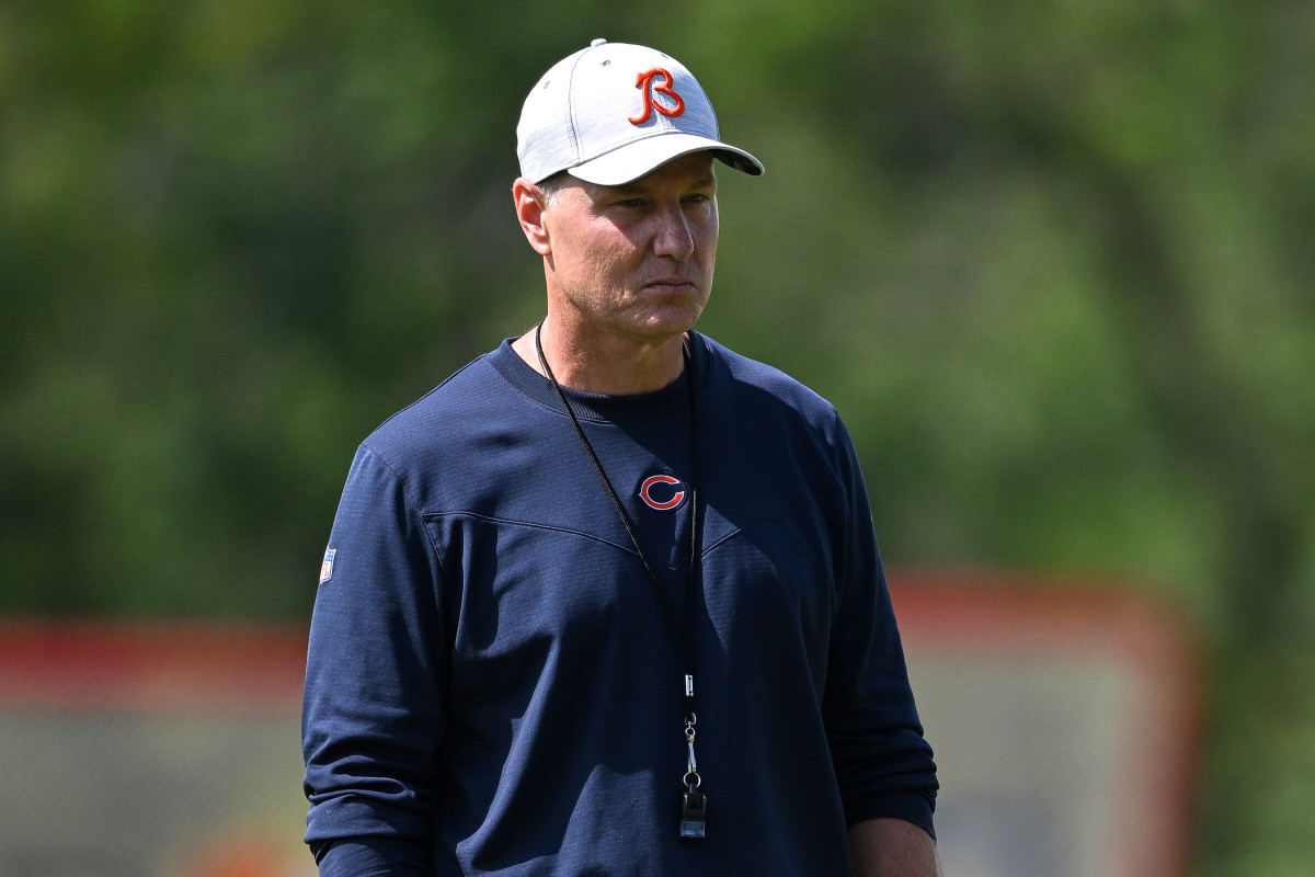Bears head coach Matt Eberflus looks on at training camp.