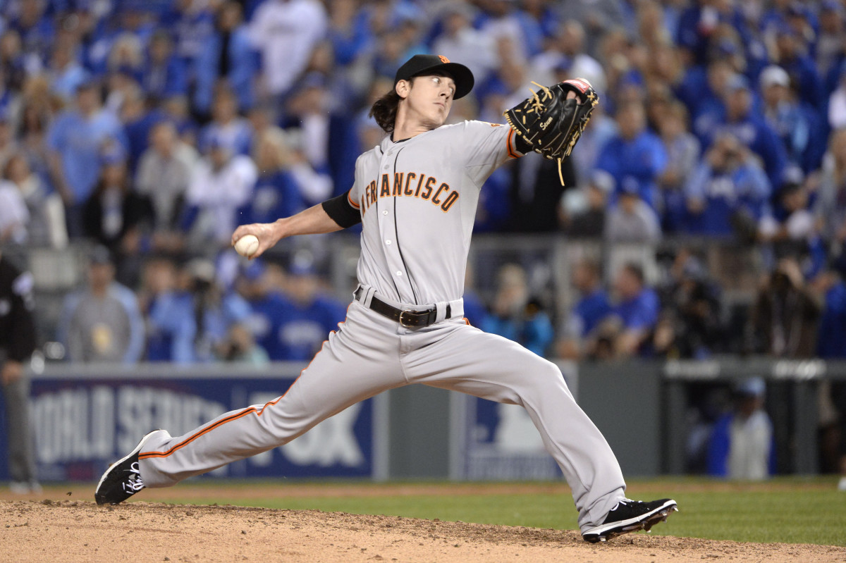 KANSAS CITY, MO - OCTOBER 22:  Tim Lincecum #55 of the San Francisco Giants pitches during Game 2 of the 2014 World Series against the Kansas City Royals on Wednesday, October 22, 2014 at Kauffman Stadium in Kansas City, Missouri. (Photo by Ron Vesely/MLB via Getty Images) 