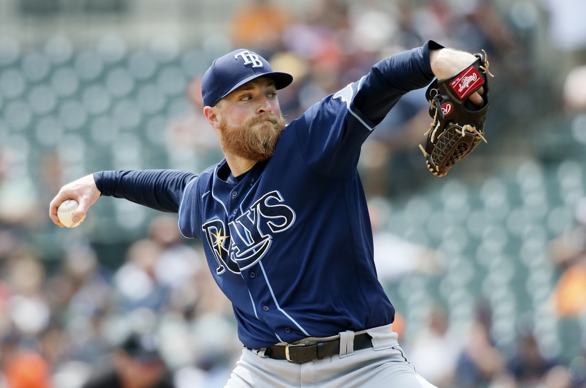 Drew Rasmussen pitches for the Tampa Bay Rays against the Tigers.