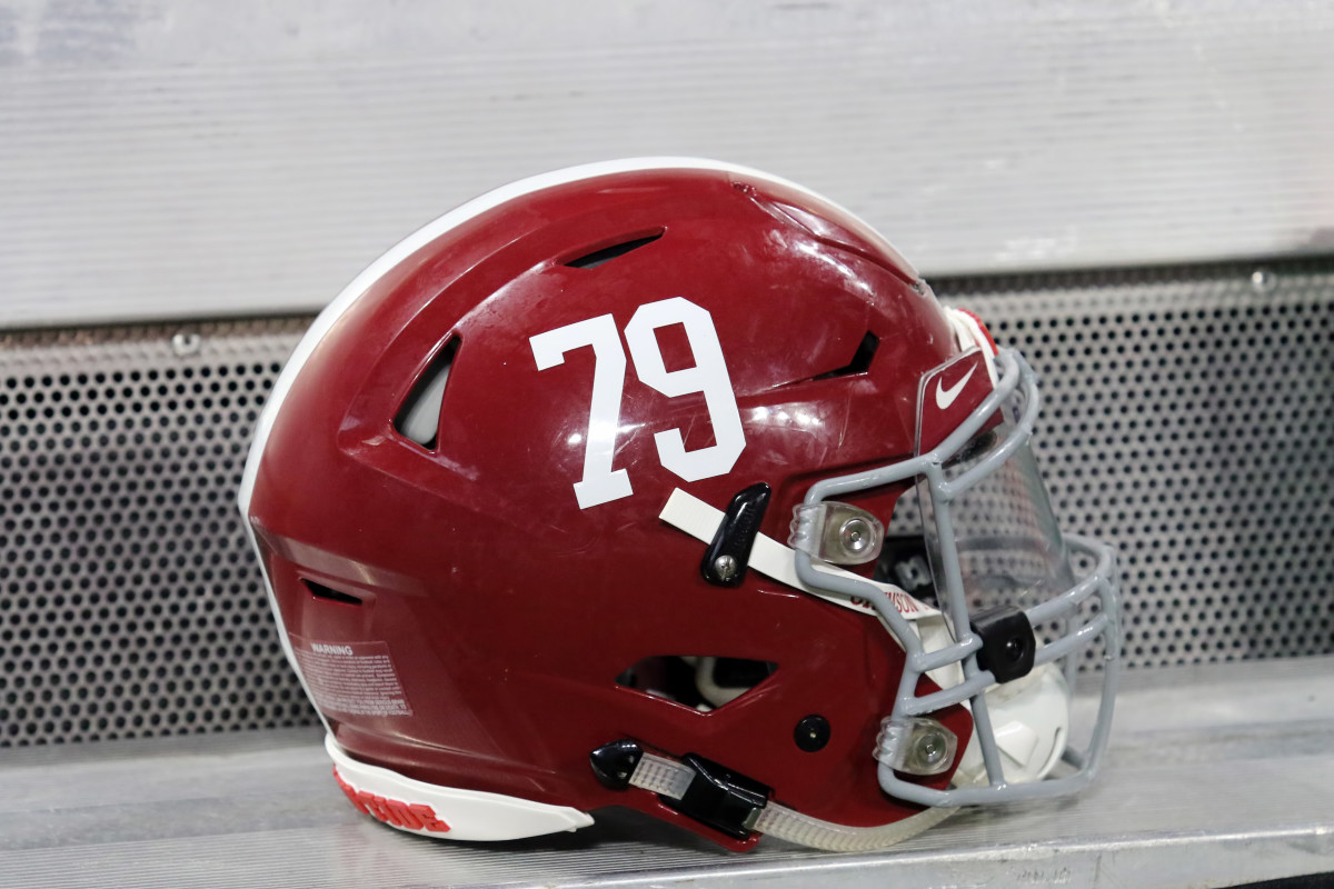 An Alabama Crimson Tide football helmet.