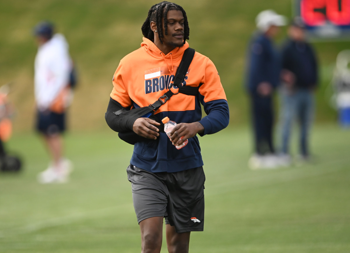 Broncos free agent signing Randy Gregory during a practice.