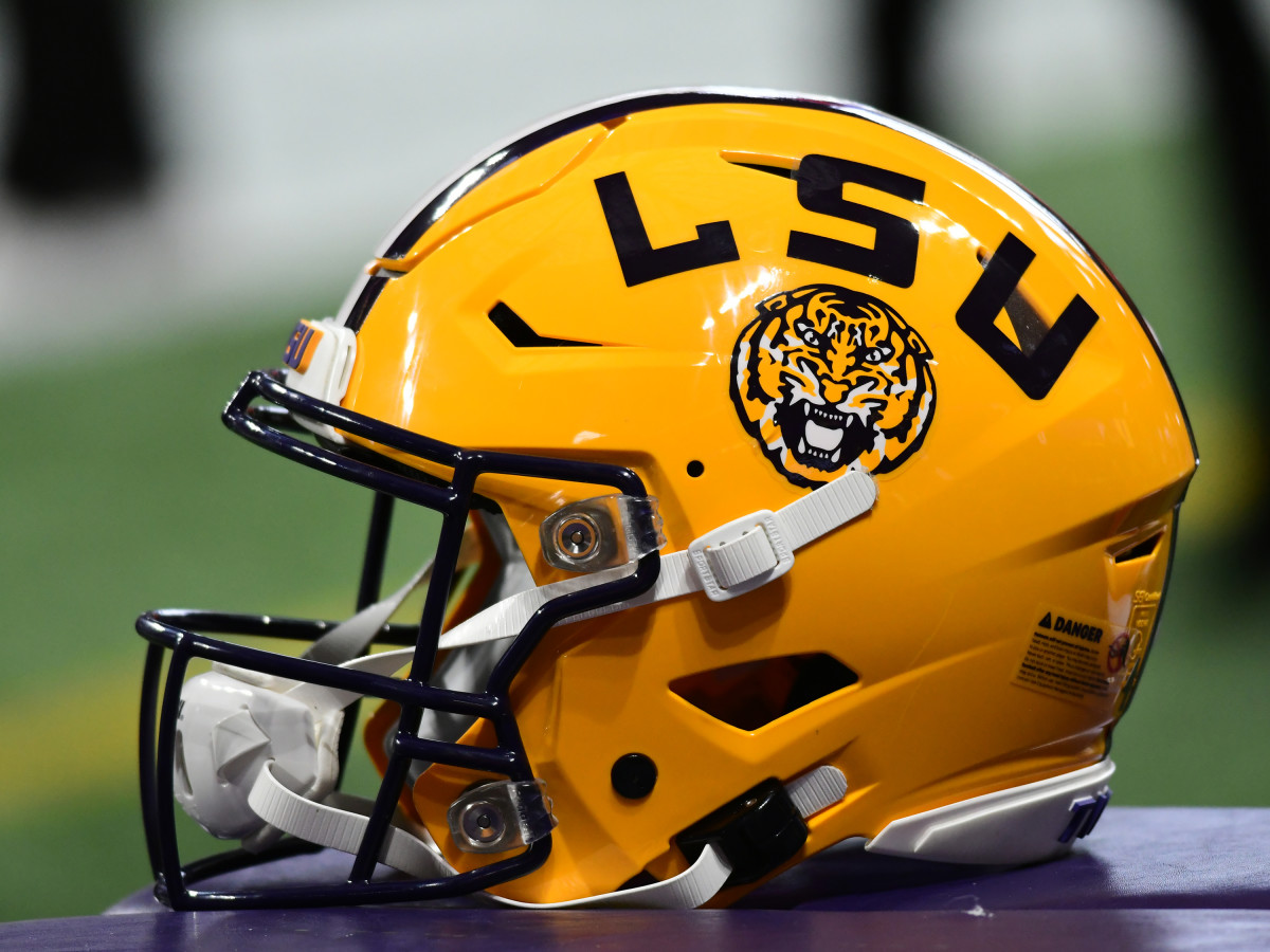 An LSU Tigers football helmet during the SEC Championship game in 2019.