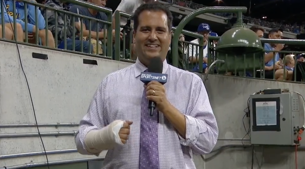Dodgers announcer suffers a crazy injury in Milwaukee.