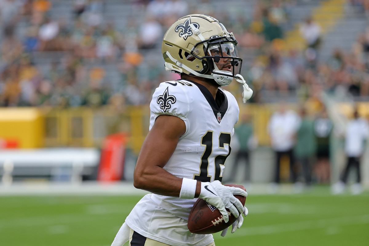 New Orleans Saints wide receiver Chris Olave (12) runs a route