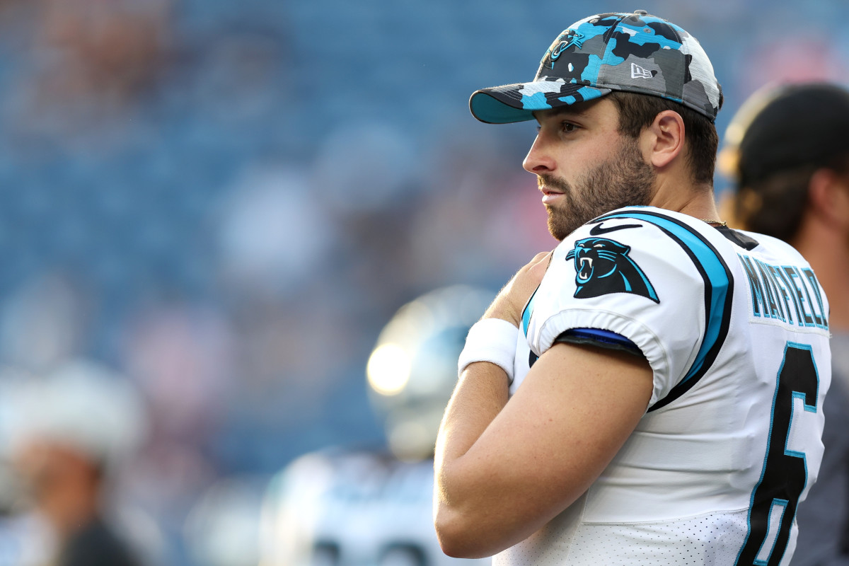 Panthers quarterback Baker Mayfield during a preseason game against the Patriots.