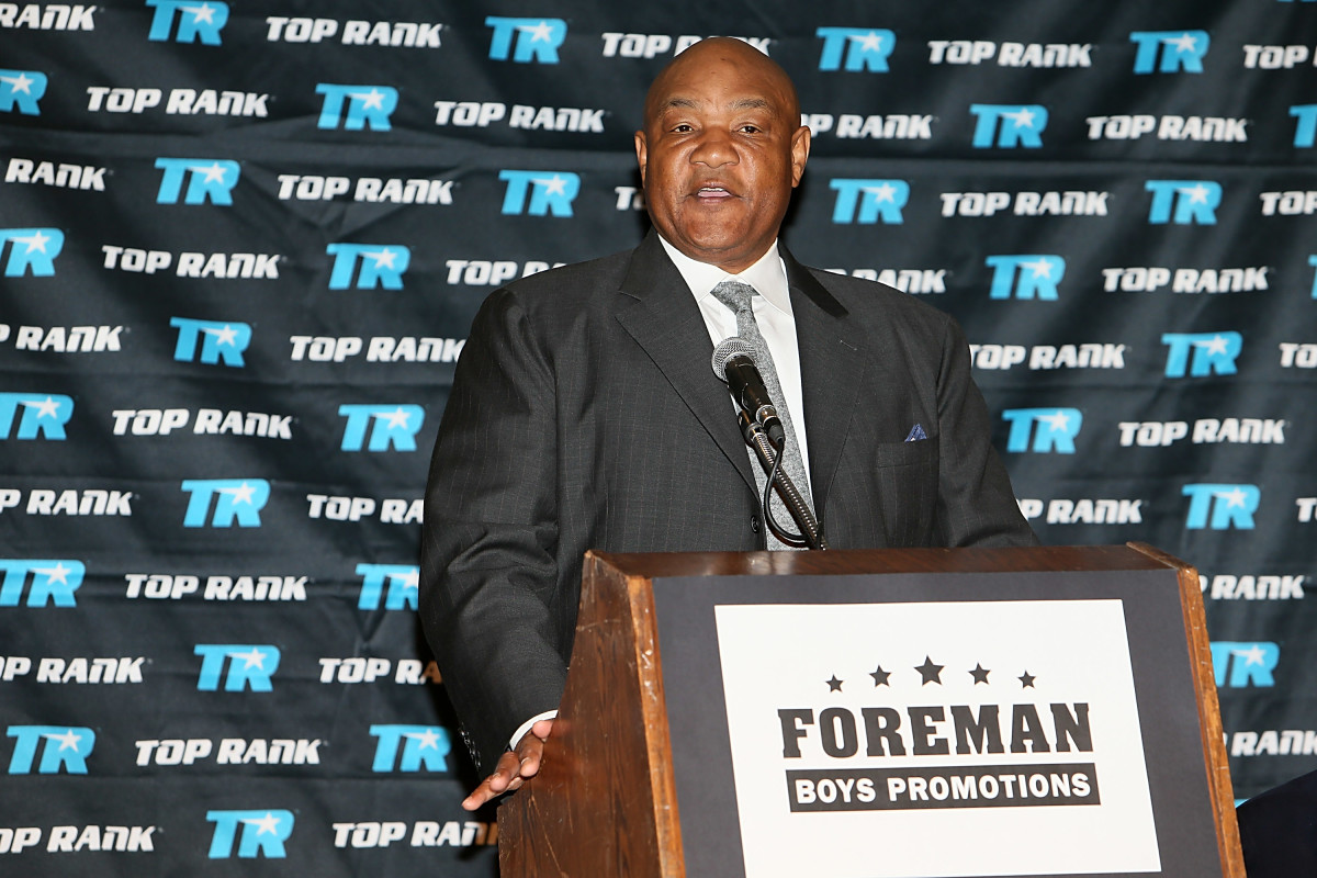 George Foreman speaks at a press conference.