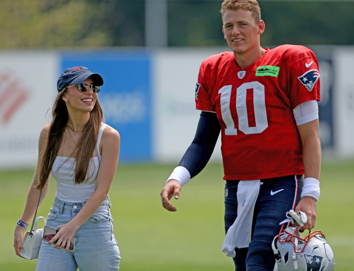 FOXBORO, MA - August 2: Mac Jones of the New England Patriots with his girlfriend Sophie Scott during training camp at Gillette Stadium on August 2, 2022 in Foxboro, Massachusetts. (Photo by Matt Stone/MediaNews Group/Boston Herald via Getty Images)
