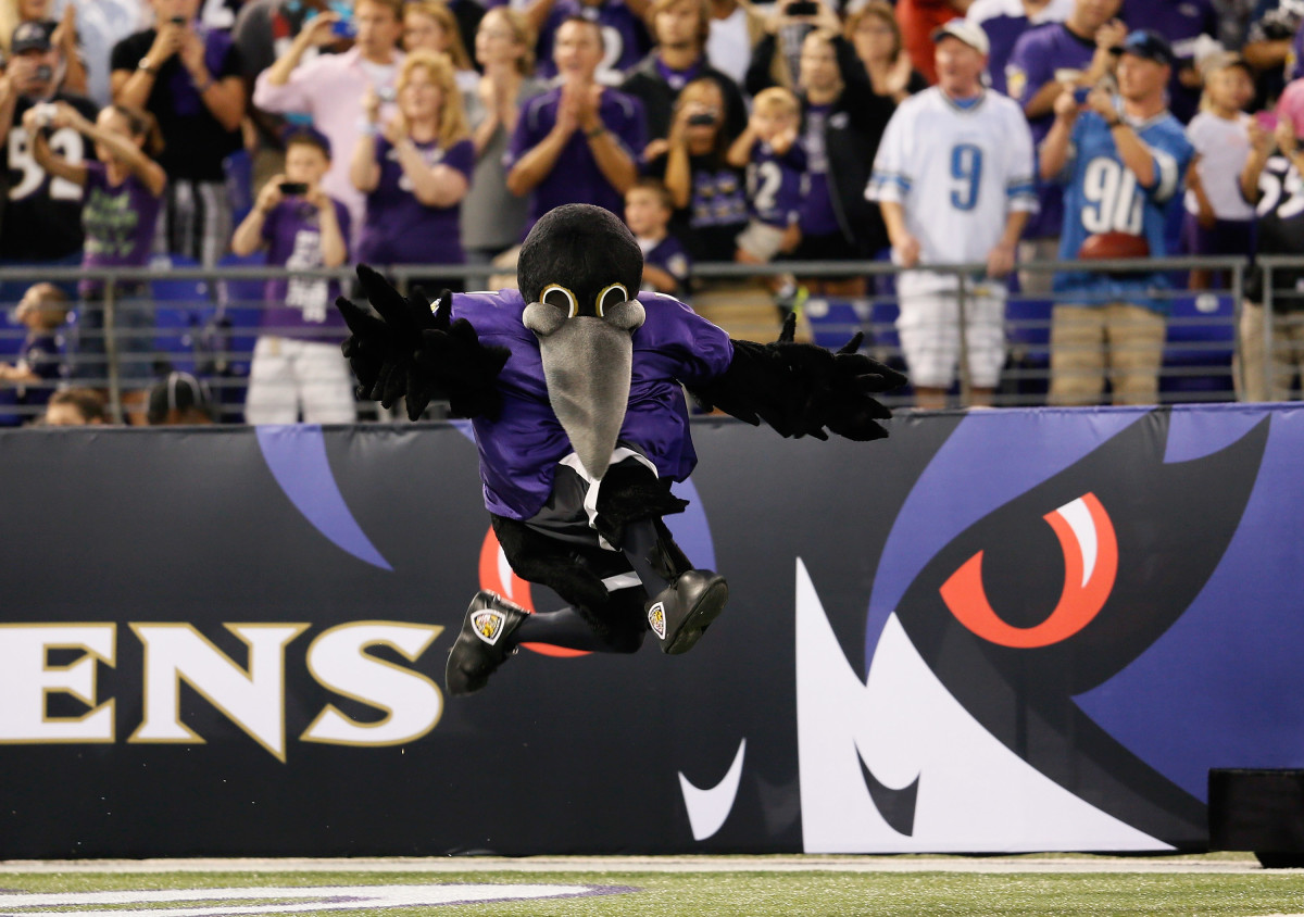 BALTIMORE, MD - AUGUST 17: The Baltimore Ravens mascot Poe is introduced prior to the start of the Ravens game against the Detroit Lions at M&T Bank Stadium on August 17, 2012 in Baltimore, Maryland.  (Photo by Rob Carr/Getty Images)