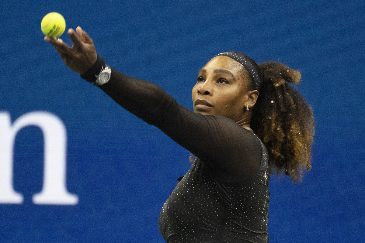 Serena Williams gets ready to serve at the US Open.