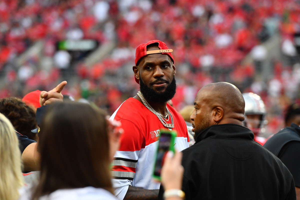 LeBron James attends a Week 1 game between the Notre Dame Fighting Irish and Ohio State Buckeyes.