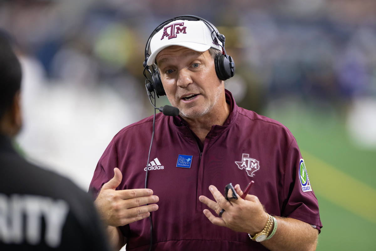 Texas A&M head coach Jimbo Fisher is interviewed during the  Southwest Classic.