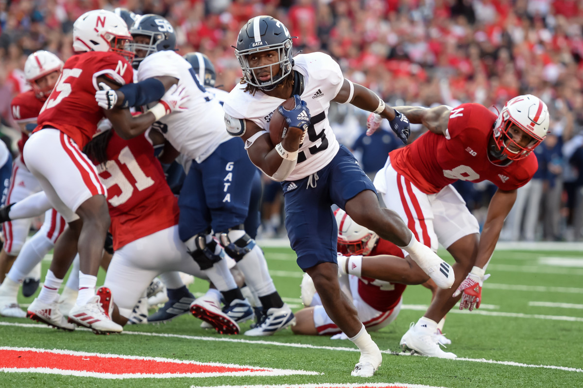 LINCOLN, NE - SEPTEMBER 10: Running back Jalen White #25 of the Georgia Southern Eagles scores in the first quarter against the Nebraska Cornhuskers at Memorial Stadium on September 10, 2022 in Lincoln, Nebraska. (Photo by Steven Branscombe/Getty Images)
