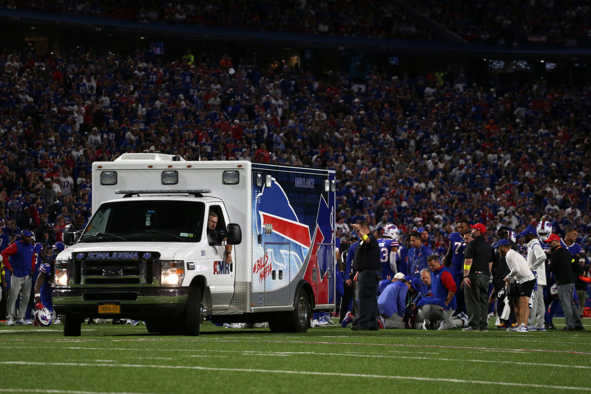 An ambulance out on the field ready to transport Bills cornerback Dane Jackson.