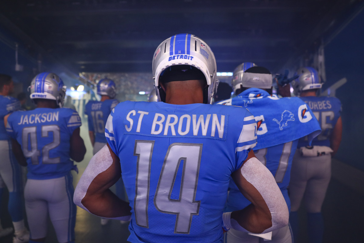 DETROIT, MI - SEPTEMBER 18: Amon-Ra St. Brown #14 of the Detroit Lions stands in the tunnel prior to an NFL football game against the Washington Commanders at Ford Field on September 18, 2022 in Detroit, Michigan. (Photo by Kevin Sabitus/Getty Images)