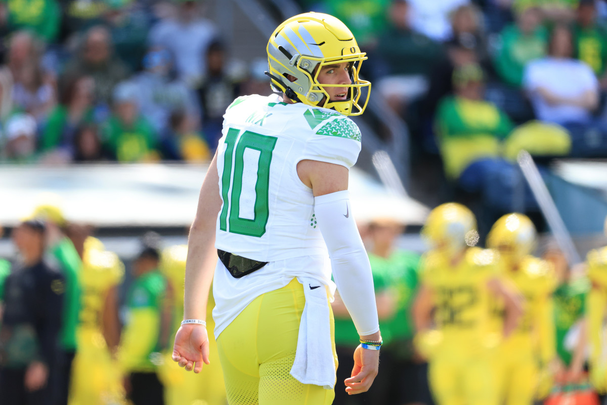 Bo Nix of Oregon looks on at the Spring Game in Eugene.