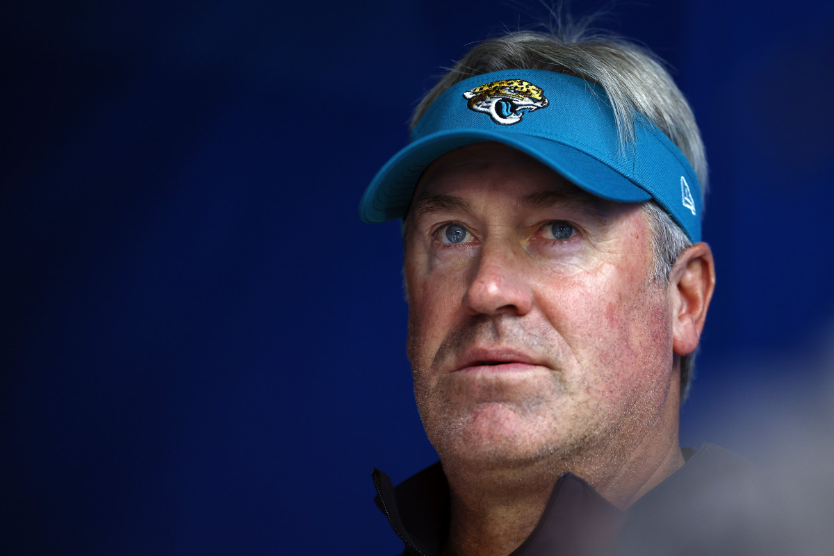 Jacksonville Jaguars head coach Doug Pederson watches his team warm up before a game against the Chargers.